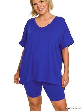 Bright Blue V-Neck Short Sleeve Tunic Top